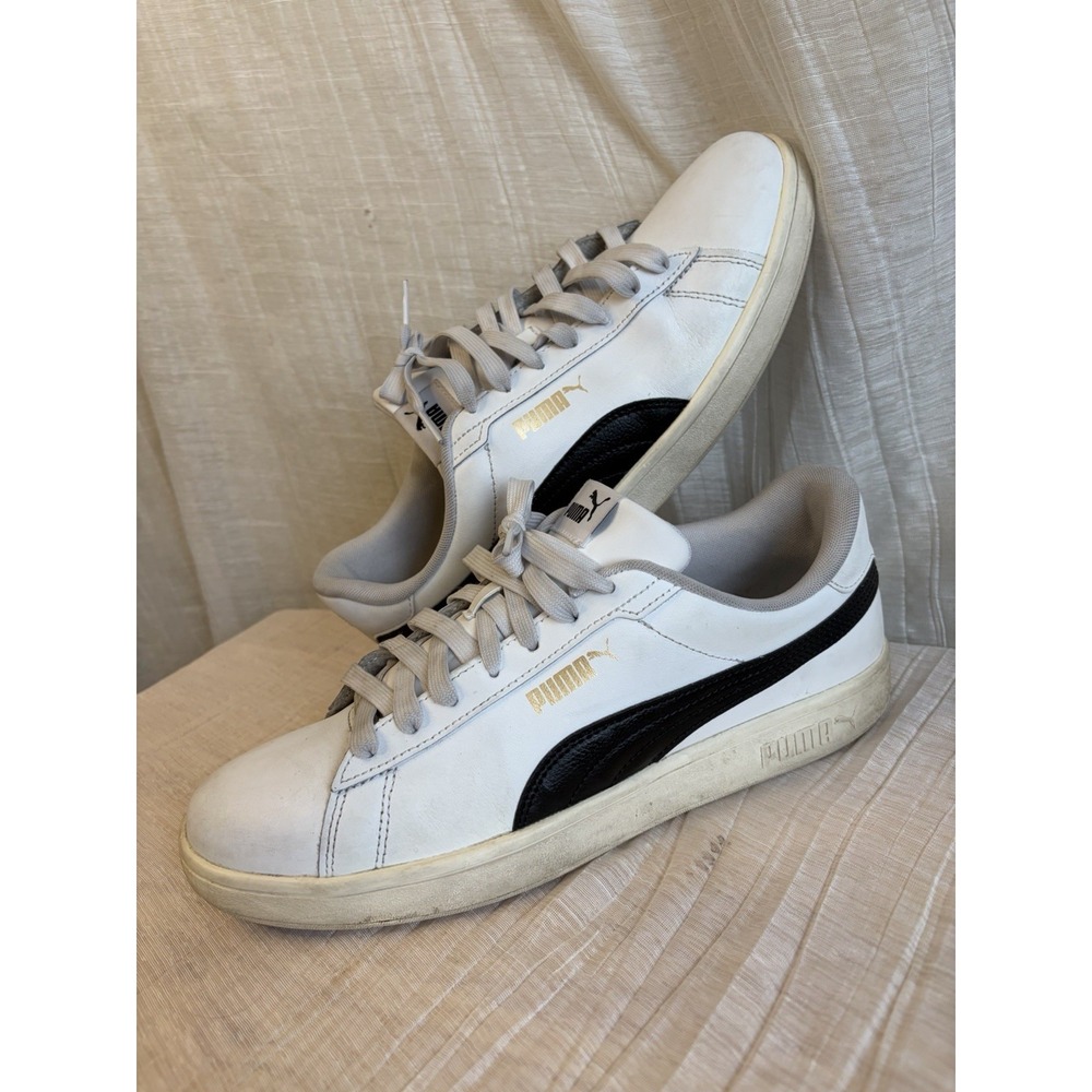 PUMA Smash 3.0 L White Black Gold Men's 10.5 Leather Sneakers Streetwear Skater